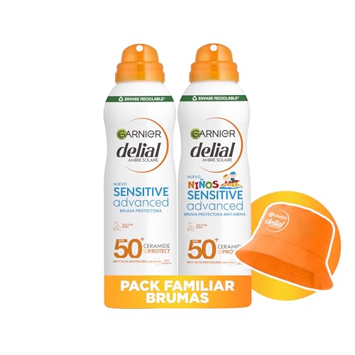 Garnier Delial Edição limitada Pack Brumas com presente: Bruma solar adulto muito alta proteção FPS 50 150 ml + borracha solar criança muito alta proteção FPS 50 ml 150 ml + boné de presente