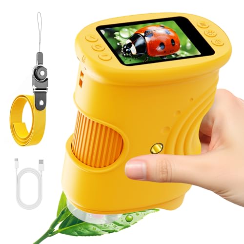Microscópio de mão 200X para crianças, ecrã de 2", recarregável, 8 luzes LED ajustáveis, mini microscópios digitais de bolso, presente educativo para 4 a 12 anos - laranja