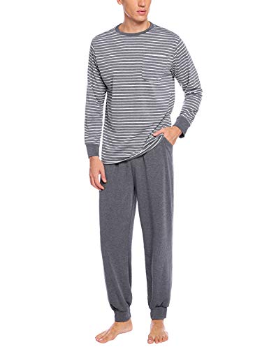 Sykooria Pijama Hombre Algodón Conjunto de Pijama de Manga Larga Ropa de Dormir 2 Piezas Conjunto de Pijama a Rayas y Pantalones Largos con Bolsillos S-3XL