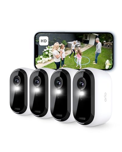 Arlo Essential 2 câmara de vigilância WiFi exterior HD, câmara de vigilância WiFi interior, sensor de movimento, alarme para casa, visão noturna colorida, teste de arco seguro incluído, 4 câmaras,