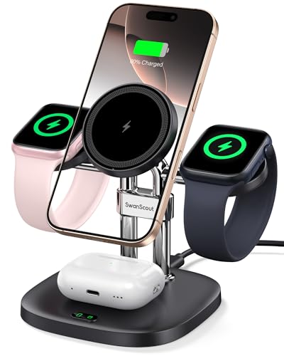SwanScout 709M Carregador duplo para Apple Watch 10, carregador sem fios para iPhone 16/15/14/13/12, base de carregador para iPhone e Apple Watch 9/8/7/6/5/4/3/2/SE 2&Airpods 4 (preto)
