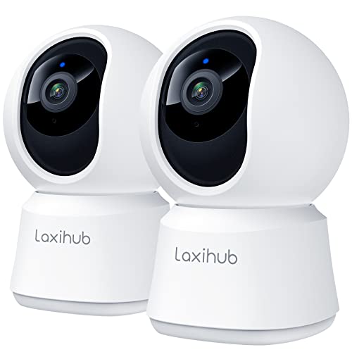 LAXIHUB Câmara de vigilância WiFi interior 3MP, câmara inteligente em casa para animais de estimação, PTZ 355° câmara para cães com aplicação, áudio bidirecional compatível com Alexa (2 unidades)
