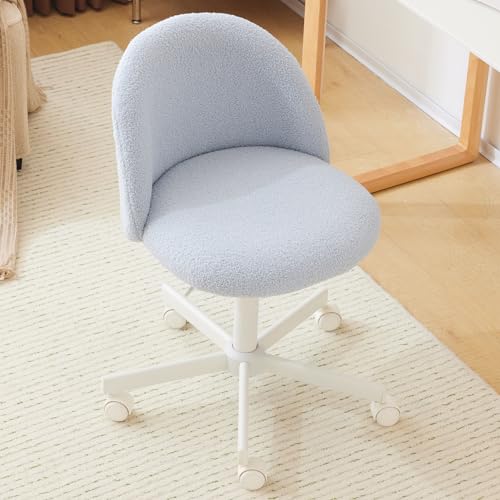 Bonnlo Cadeira de secretária, cadeira de toucador, escritório e toucador, com rodas, altura regulável, cadeira compacta para estúdio, quarto, escritório em casa, tecido Teddy (azul claro)