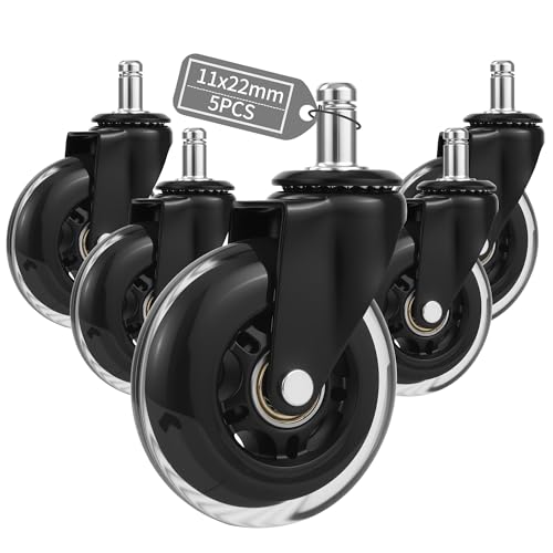 5 peças rodas cadeira escritório, rodas para cadeiras escritório 11 mm x 22 mm, MAX 300 kg, rotação suave e ultra silenciosa de 360 ​​graus, para pisos duros, painéis, tapete, laminado e azulejos