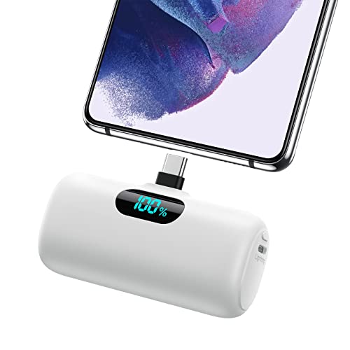 Feob Mini Power Bank, 5000 mAh USB C carregador portátil 15 W PD carregamento rápido bateria externa compacto Powerbank com ecrã LCD compatível com iPhone 16/15 Pro Samsung USB C telefones etc-branco