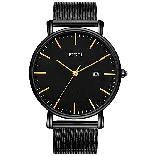 BUREI Relógio de pulso minimalista analógico com data e correia de pele para homem