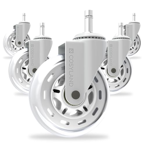 COSYLAND 5 peças rodas cadeira de escritório - 11 mm x 22 mm rodas cadeira Gaming - deslizam suave e silêncio - não risque o chão - não acumula sujidade - branco transparente