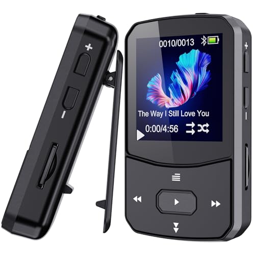 64 GB MP3 Leitor Bluetooth 5.3 leitor MP3 com clipe desportivo, mp3 Running, áudio de alta fiidelidade, botão de volume independente, rádio FM, auriculares incluídos minidesign desportivo preto