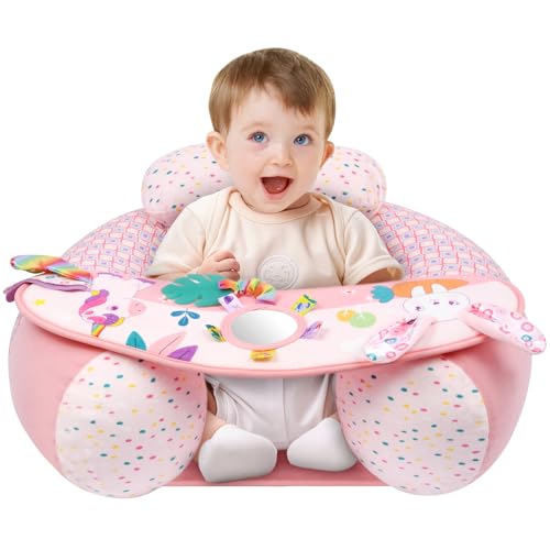 Alaoo Assento para bebé, assento portátil, assento insuflável para bebé, incrível para bebé, adequado para bebés de 3 a 36 meses, com bandeja de conjunto removível, uso interior e exterior, rosa