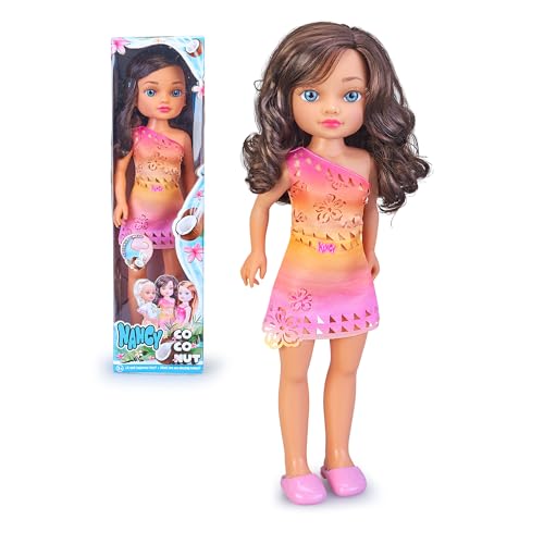 Nancy Coconut Brunette, vestido com um conjunto de verão, morena de olhos azuis, brinquedo com cheiro de coco real, 3 anos, famosa (NAC88200)