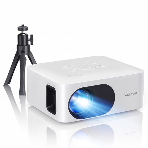 WOLFANG Mini projetor portátil com tripé, projetor de vídeo suporta HD 1080P, correção trapezoidal, zoom, projetor compatível com telemóveis, PC, PS5, USB, HDMI, SD, AV, cartão de memória