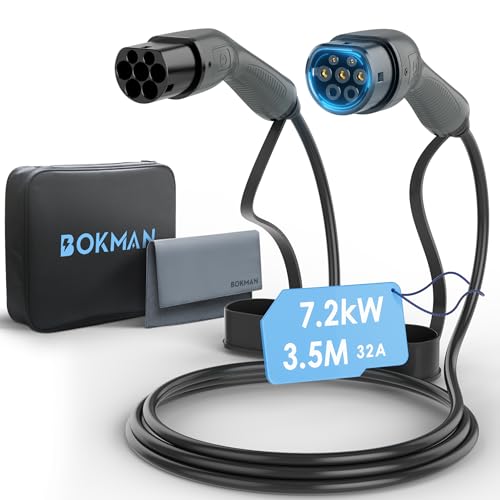 bokman EV Cabo de carregamento tipo 2, modo 3 / 32A / 7,2 kW / monofásico / 3,5 m, cabo de carregamento rápido híbrido para veículo elétrico tipo 2 a tipo 2