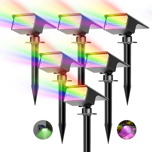 kolpop RGB Luzes solares LED para exterior [6 peças/7 cores], IP65 impermeável holofotes LED solares para jardim, montagem 2 em 1, pátio, 800 LM Focos solares para pátio, piscina, vasos, chão, calçado