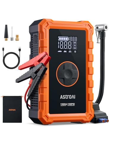 AstroAI Arrancador de baterias de carro com insuflador de rodas de carro, 1500 A iniciador de carro portátil (6,0 l de gasolina/3,0 l de diesel), 150 PSI compressor de ar sem fios