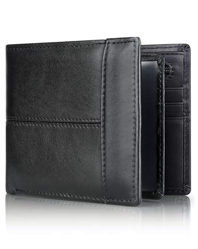 swallowmall Carteiras dobráveis finas de couro genuíno RFID para homem com janela de identificação, 18 cartões, fecho de correr preto, minimalista, Fecho preto, Minimalista