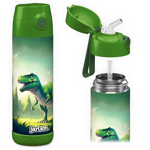 Jarlson®, Garrafa térmica de aço inoxidável, para crianças, sem BPA, garrafa térmica de 500 ml (dinossauro verde, 500 ml)