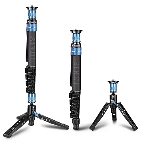 SIRUI P-325FS Monopé de fibra de carbono de 140 cm com pés para fotografia SLR, monopé de fotografia profissional portátil de 5 secções para câmara, câmara de vídeo, carga máxima 10 kg