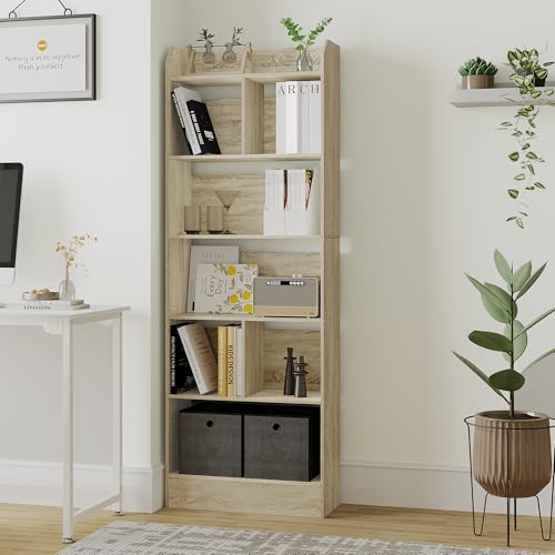 Hzuaneri Livraria de 6 níveis, 24 x 60 x 170 cm, estante livros, livraria branca para exposição para escritório, sala de estar, carvalho bege BC11116X