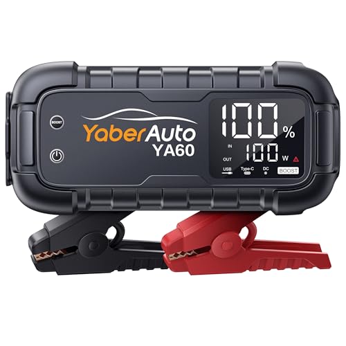 YaberAuto Arrancador de baterias de carro 6000A (para todos os veículos da gasolina ou 12,0 l de gasel) portátil com 45 W carregamento rápido, grande ecrã e lanterna LED