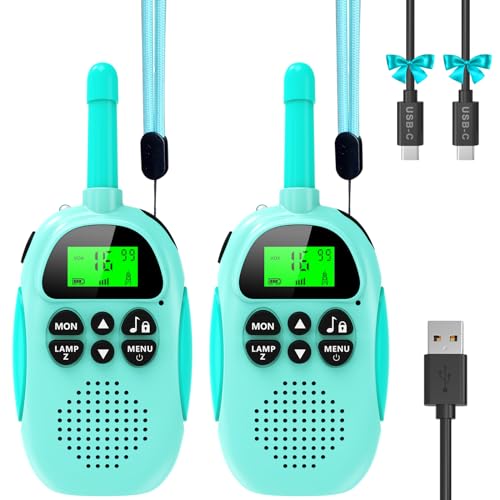 Ushining Walkie Talkie para crianças, Walkie Talkie recarregável com rádio de 2 vias 16 canais função VOX 10 tons de chamada LCD retroiluminado lanterna, presente para meninos e meninas azul