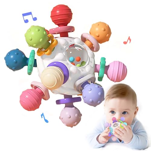 Brinquedo mordedor bola bebé 0-3 meses, brinquedo de deteção chocalho para bebé 6-12 meses, educativo sensorial silicone presente para meninos e meninas 1 ano