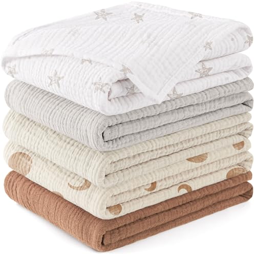 Susurration 100% muselinas bebé algodão, 60 x 60, embalagem com 5 unidades muselinas de algodão para bebés recém-nascidos, toalha absorvente de gaze de grãos para recém-nascidos (lua de damasco)