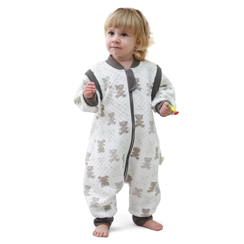 MIKAFEN Saco de dormir para bebé com pés, 2,0 TOG, 100% algodão, saco de dormir para crianças durante todo o ano, com mangas removíveis, saco de dormir com cachos, urso 4-5 anos