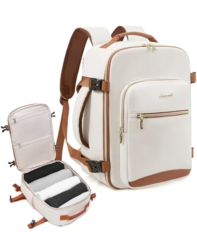LOVEVOOK Mochila de viagem cabine avion 40 x 20 x 25, Ryanair Cabin Bag mochilas malas de viagem, impermeável mala viagem mochila de mão para portátil de 14 polegadas, Branco + castanho, 40 x 20 x 25