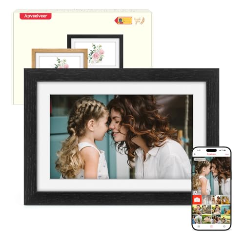 Moldura para fotos digital WiFi de 10,1 ", memória de 32 GB, ecrã táctil IPS de 1280 * 800, montagem na parede, compartilhe fotos/vídeo através da App Frameo, presentes para mulher e homem, madeira