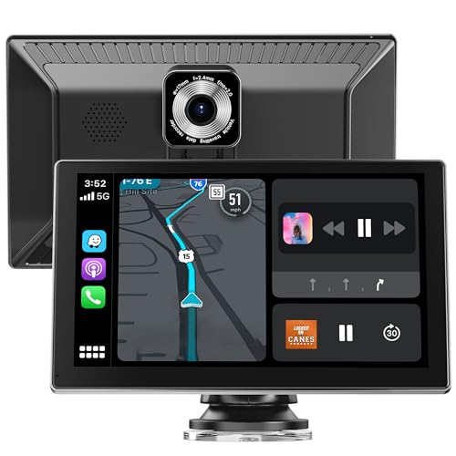 Jzones Ecrã carro de 9 polegadas com CarPlay/Android Auto, navegação GPS, Bluetooth, ecrã Carplay carro com câmaras frontais 4K e traseiras 1080P, controlo de voz, instalação fácil Plug & Play