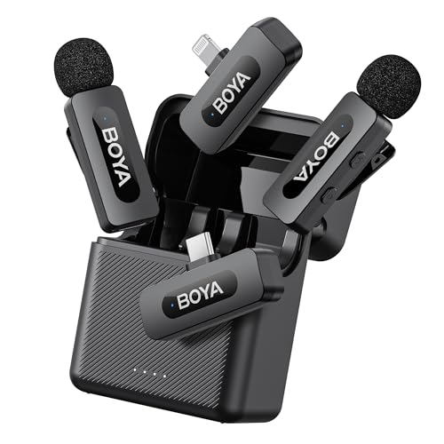 BOYA by-V3 Combo mini microfone sem fios de lapela com recetor USB-C/Lightning, iPhone/Android/Smartphone/Laptop/PC Lapel Mic, para Podcast Live Stream Tiktok Facebook vídeo vlog (2TX+2RX)