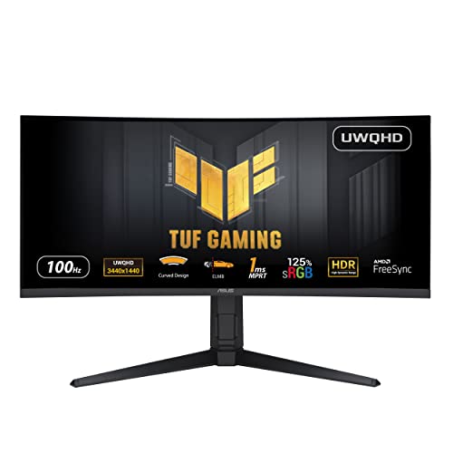 Asus TUF Gaming VG34VQEL1A Monitor de jogos curvo de 34 polegadas, UWQHD, 100 Hz, Extreme Low Motion Blur, Freesync, 1 ms MPRT, 125% sRGB, HDR