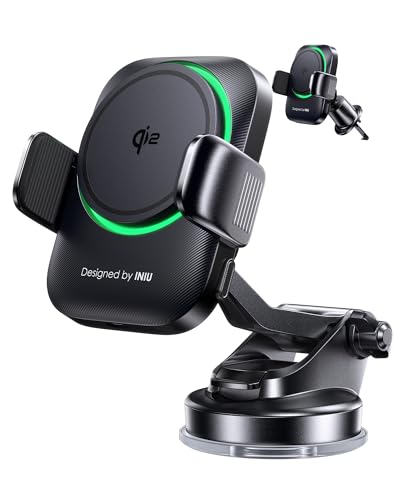 INIU Carregador sem fios carro, suporte móvel carregador para ventilação e salpicos, Qi2 15 W carregador sem fios carro magnético para iPhone 11 12 13 15 16 & Samsung S22 S23 S24