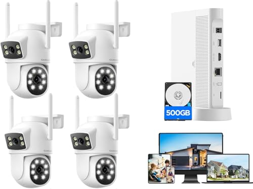 CAMCAMP 4MP Kit câmaras de vigilância WiFi exterior, lente dupla ligação 2,4 G/5 G WiFi, áudio Bidirectionnel, kit câmara de vigilância IP, visão noturna em cores 2K, 10CH NVR com 500 GB
