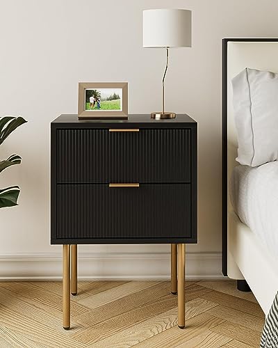 HEYZOEY Mesinha de cabeceira, mesas de cabeceira pequenas com 2 gavetas, mesa de cabeceira em madeira com pernas douradas, mesa lateral moderna de meados do século para quarto, sala de estar, cor