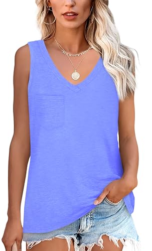 NONSAR T-shirt básica de verão sem mangas para mulher. T-shirt elástica com decote em V e bolso, t-shirt interior confortável de estilo casual
