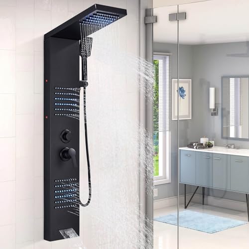 Coluna de hidromassagem LED preta coluna chuveiro aço inoxidável, sistema de chuveiro 4 funções conjunto chuveiro de casa de banho, painel de duche TVTIUO