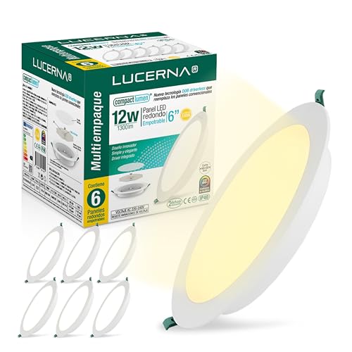 LUCERNA Downlight LED teto embutido de 12 W, focos LED interior teto redondo luz quente, 3000 K, 1300 LM, Plafon LED de teto furos, 140-150 mm, painel LED em PACK de 6