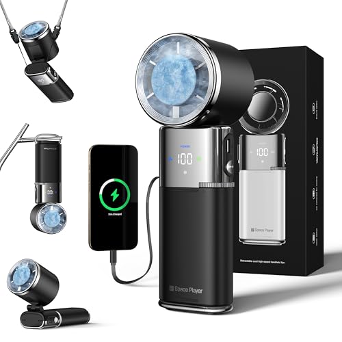SP Space Player Ventoinha portátil refrigerante: 9000 mAh ventilador de mão, recarregável portátil com cabo Type-C, ecrã LED com velocidade contínua de 100 níveis, ângulo ajustável 135° - preto