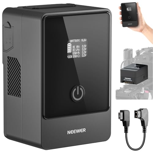NEEWER PS099E Mini V Mount bateria, 6800 mAh 99 Wh 14,5 V Mini V Lock Battery com 65 W PD Tipo C/D Tap/BP/USB A/Porta DC dupla/Tela OLED para câmara de vídeo, compatível com SmallRRP ig BMPCC 4G