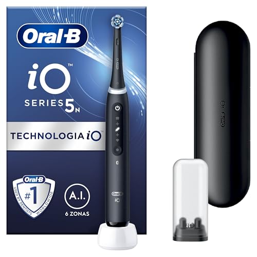 Oral-B iO 5 Escova de dentes elétrica preta com 1 cabeça e 1 estojo de viagem, 5 modos de escovar mesmo branqueamento dentário, sensor de pressão e temporizador, desenhado por Braun