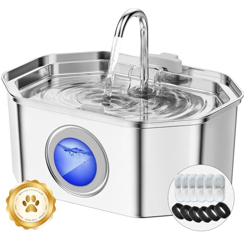 Apauk 3,2 l Fonte para gatos aço inoxidável, porta-bebés gatos, fonte de água silenciosa para gatos, com janela LED, sistema de filtro multicamada livre de BPA(com 6 filtros e 6 esponjas) S M