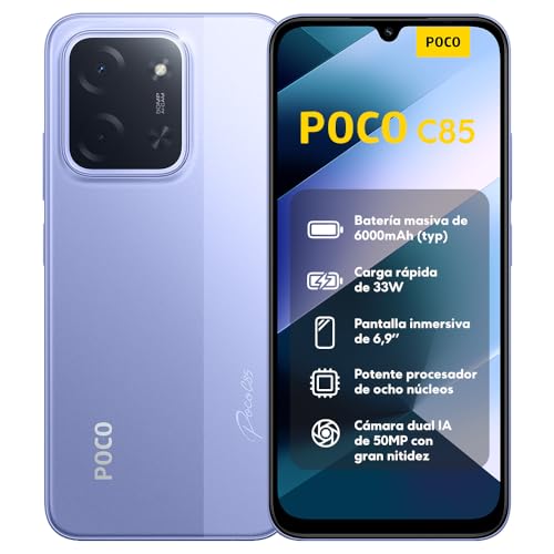 XIAOMI POCO C85 Smartphone de 6 + 128 GB, câmara dupla de 50 MP com AI, ecrã imersivo de 6,9", potente processador Octa-Core, carregamento rápido de 33 W, 6000 mAh, carregador não incluído, roxo