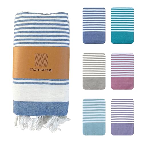 MOMOMUS Fouta XXL ou fina manta de piquenique para praia - leve, com franjas, às riscas - toalha / esteira de praia grande, manta de praia anti-areia - azul, 210 x 240 cm