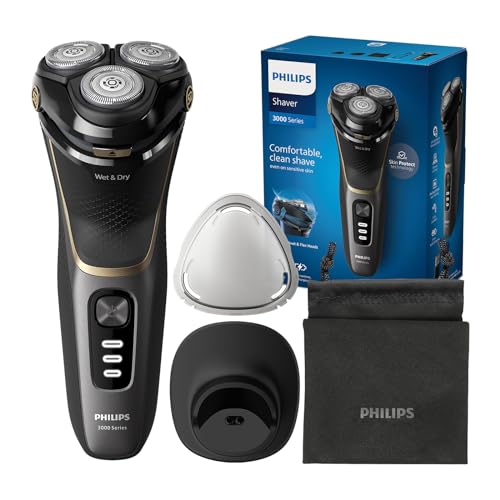 Philips Série 3000 Máquina de barbear elétrica para homem, máquina de barbear com cortinadores, 27 lâminas, cuidado da pele, 60 min de uso, seco e húmido, recarregável, capa, base de carregamento,