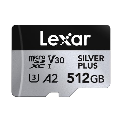 Lexar Cartão micro SD Silver Plus de 512 GB, velocidade de leitura até 205 MB/s, velocidade de gravação de 150 MB/s, cartão de memória micro SD com adaptador SD, UHS-I, A2, U3, V30, classe 10, 4K