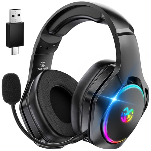 Tatybo Capacetes Gaming sem fios para PC/Ps5/Ps4, auriculares Gaming sem fios com 2,4 GHz+Bluetooth 5,3 modo duplo, 7,1 som envolvente, duração 40 HR +