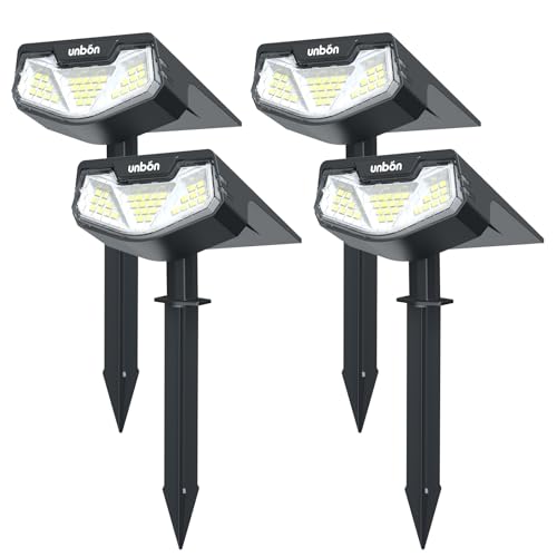 UNBON Luzes solares LED para exterior e jardim, 4 peças holofotes LED exteriores solares jardim potentes 32 LED, 3 modos de luz, impermeável IP65 candeeiros solares candeeiro holofote luz solar