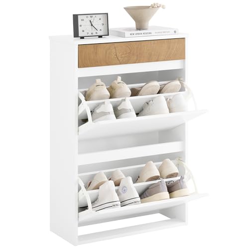 SoBuy Sapateira de entrada recebida móvel recebido com gaveta, armário de sapato branco e madeira com 2 portas ajustáveis - ideal para espaços reduzidos, 61 x 26 x 91 cm, FSR205-WN