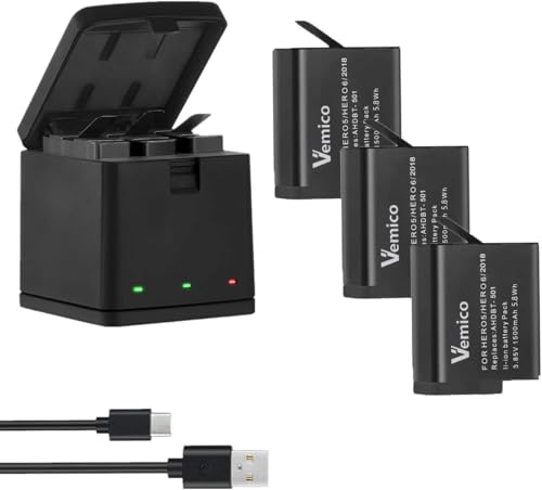 Vemico Hero 7/6/5 bateria carregador kit 3 pack 1500 mAh baterias de substituição tipo C LED 3 canais carregador para Hero 7 Black/Hero 5 Black/Hero 2018/AHDBT-501 (compatível com o original)
